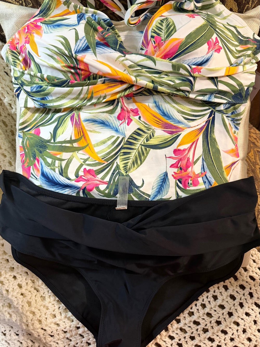Tropical Print Women’s Swimsuit with Black Fold Waist